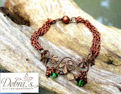 Vintage floral vine embellishment with swarovski beads and butterfly beads copper bracelet swap